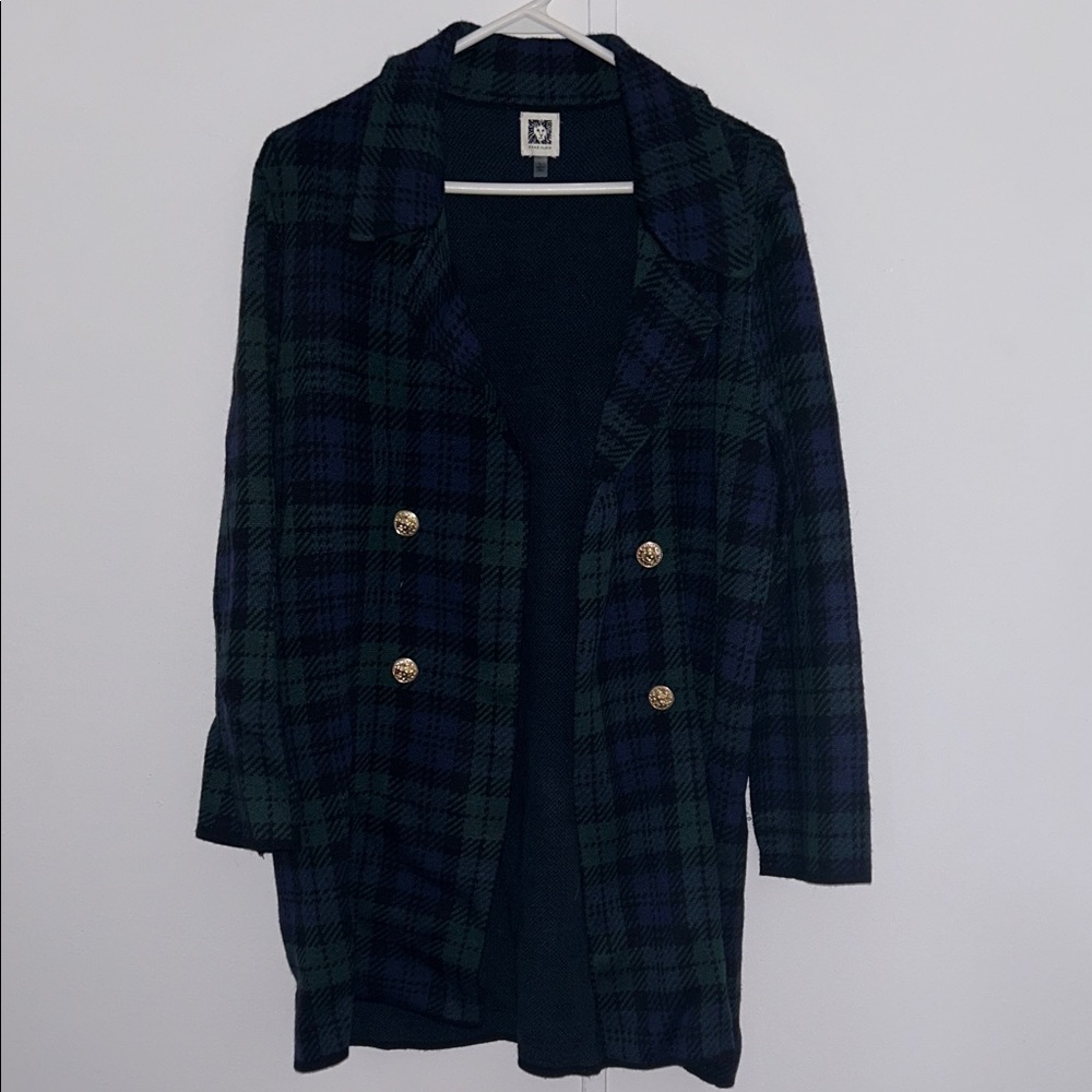 Anne Klein Navy & Green Plaid Double-Breasted Blazer